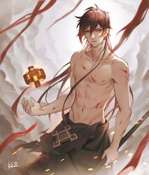  1boy abs black_hair blood blood_on_hands blood_on_weapon blood_stain brown_hair cloud cloud_background cloudy_sky collarbone earrings floating floating_object genshin_impact hair_between_eyes highres injury jewelry kezi long_hair looking_at_viewer male_focus multicolored_hair navel open_mouth rock single_earring skirt sky solo tassel tassel_earrings toned toned_male topless_male weapon yellow_eyes zhongli_(genshin_impact) 