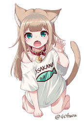  40hara 5_fingers 5_toes acting_like_a_cat animal_humanoid arm_support bent_arm bent_legs blonde_hair brown_body clothed clothing collar daww english_text extended_arm fangs feet felid felid_humanoid feline feline_humanoid female fingers fur green_eyes hair humanoid inner_ear_fluff japanese_text kinako_(40hara) kneeling long_hair looking_at_viewer mammal mammal_humanoid off_shoulder open_mouth raised_hand shirt signature simple_background solo tan_body tan_fur teeth text text_on_clothing text_on_shirt text_on_topwear toes topwear tuft white_background white_body white_skin 