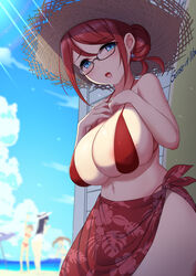  4girls absurdres areola_slip bare_arms beach beach_umbrella bikini black_hair blue_bikini blue_eyes blue_sky blurry blurry_background breasts brown_hair cloud commentary_request day earrings glasses hair_between_eyes hat highres jewelry large_breasts leaf_print long_hair mole mole_on_breast mole_under_mouth multiple_girls navel ocean one-piece_swimsuit open_mouth original print_sarong red_bikini red_eyes red_sarong sakamata_(sakamata4) sarong short_hair skindentation sky solo_focus standing star_(symbol) star_earrings straw_hat sun_hat swimsuit teeth twintails umbrella underboob upper_teeth_only white_one-piece_swimsuit 