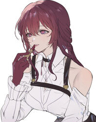  bare_shoulders breasts chest_harness chibiya1010 collared_shirt cosmetics detached_sleeves female gloves hair_between_eyes harness highres holding holding_lipstick_tube honkai:_star_rail honkai_(series) kafka_(honkai:_star_rail) korean_commentary large_breasts lipstick lipstick_tube long_hair long_sleeves looking_ahead makeup parted_lips purple_eyes purple_gloves purple_hair purple_lips shirt sidelocks simple_background smile solo upper_body white_background white_shirt 