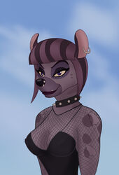  alternative_fashion anthro anthrofied astraldog bangs breasts clothed clothing collar disney ear_piercing ear_ring erect_nipples eyebrows eyelashes facial_piercing female fishnet_clothing goth hair hi_res hyena jasiri_(the_lion_guard) lip_piercing looking_at_viewer mammal mesh_top nipple_outline nipple_piercing nipples nose_piercing outside piercing piercing_outline ring_piercing solo spiked_collar spikes spotted_hyena the_lion_guard the_lion_king 