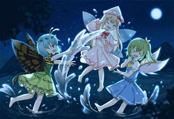  &gt;_&lt; 3girls :d ;d antennae aqua_hair bad_id bad_pixiv_id barefoot blonde_hair blue_dress blue_eyes butterfly_wings capelet collared_shirt daiyousei dress eternity_larva fairy fairy_wings full_moon green_dress green_hair hair_between_eyes hat insect_wings leaf leaf_on_head lily_white long_hair long_sleeves moon multicolored_clothes multicolored_dress multiple_girls night one_eye_closed open_mouth orange_eyes shirt short_hair short_sleeves side_ponytail sky smile star_(sky) starry_sky touhou touhou_lost_branch_of_legend vikramjoti water white_capelet white_dress white_headwear white_shirt wings xd 