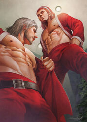  2boys abs aenaluck artist_name bara bare_pectorals belt black_belt chest_hair facial_hair grey_hair hands_in_pockets hat highres large_pectorals male_focus master_(aenaluck) multiple_boys muscular muscular_male navel navel_hair nipples open_clothes open_shirt original pants pectorals red_hair red_pants red_shirt santa_costume santa_hat shirt short_hair 