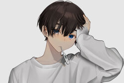  1boy bishounen blue_eyes blush closed_mouth collarbone commentary_request digital_thermometer fever grey_background grey_sweater hand_on_own_head hand_up highres long_sleeves looking_at_viewer male_focus original sick simple_background solo sweater thermometer upper_body vumiposu 