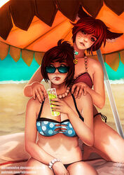  2girls adrian_wolve ahri_(league_of_legends) animal_ears artist_name bad_deviantart_id bad_id barefoot beach beach_umbrella bead_bracelet bead_necklace beads bikini blue_bikini bracelet breasts brown_hair cleavage collarbone commentary crossover cup day deviantart_username drink drinking drinking_glass drinking_straw english_commentary facial_mark flower fox_ears hair_ornament ice ice_cube jewelry league_of_legends lips looking_at_another looking_away looking_to_the_side mei_(overwatch) multiple_girls nail_polish navel necklace nose outdoors overwatch overwatch_1 patreon_username photoshop_(medium) polka_dot polka_dot_bikini red_hair short_hair side-tie_bikini_bottom signature sitting summer sunglasses swept_bangs swimsuit umbrella watermark web_address whisker_markings yuri 