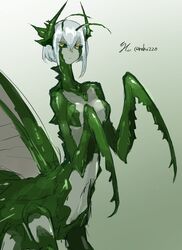  arthropod_girl bob_cut closed_mouth colored_sclera colored_skin female green_background green_sclera green_skin grey_skin highres horns looking_at_viewer mantis_girl monster_girl multicolored_skin navel original ruteko_(ruko220) short_hair simple_background solo taur twitter_username white_hair yellow_eyes 