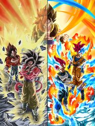  6+boys abs absurdres adjusting_clothes adjusting_gloves aura battle black_hair body_fur closed_mouth commentary crossed_arms dougi dragon_ball dragon_ball_gt dragon_ball_super dragon_ball_super_broly dragon_ball_z_dokkan_battle english_commentary fire gloves gogeta highres long_hair male_focus metamoran_vest monkey_boy monkey_tail multiple_boys multiple_persona muscular muscular_male one_eye_closed pants parted_lips pectorals red_fur red_hair saiyan_armor serious smile smirk son_goku spiked_hair split_screen split_theme standing super_saiyan super_saiyan_4 super_saiyan_god tail vegeta wai_(y48754085) white_gloves 