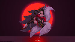  ahri animal_ears asian_clothes garter kitsune league_of_legends no_bra open_shirt skirt_lift tagme tail thighhighs wallpaper 