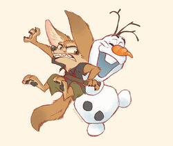  2019 angry anthro brown_body brown_fur canid canine clothed clothing disney duo elemental_creature fennec_fox finnick_(zootopia) fox frozen_(movie) fully_clothed fur hug lifting mammal mineral_fauna nyaasu olaf_(frozen) open_mouth open_smile shirt simple_background smile snow snow_creature snowman tan_background teeth topwear true_fox zootopia 