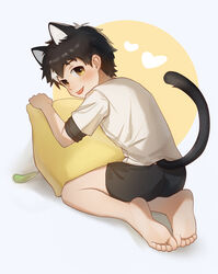  1boy absurdres animal_ears barefoot black_hair black_shorts cat_boy cat_ears cat_tail highres legs lolicon looking_back male_child male_focus multicolored_hair original pillow rock_sugar shirt shorts soles solo streaked_hair tail toes tongue tongue_out white_hair white_shirt yellow_eyes 