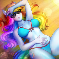  1:1 alternate_species animal_humanoid big_breasts bikini breasts clothing equid equid_humanoid equine equine_humanoid eyewear female friendship_is_magic hair hasbro humanoid humanoidized kgfantasy lying mammal mammal_humanoid multicolored_hair my_little_pony on_back rainbow_dash_(mlp) solo sunglasses swimwear 