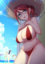  4girls absurdres areola_slip bare_arms bare_legs beach beach_umbrella bikini black_hair blue_bikini blue_eyes blue_sky blurry blurry_background breasts brown_hair cloud commentary_request day earrings glasses hair_between_eyes hat highres jewelry large_breasts long_hair mole mole_on_breast mole_under_mouth multiple_girls navel ocean one-piece_swimsuit open_mouth original red_bikini red_eyes sakamata_(sakamata4) short_hair skindentation sky solo_focus standing star_(symbol) star_earrings straw_hat sun_hat swimsuit teeth thick_thighs thighs twintails umbrella underboob upper_teeth_only white_one-piece_swimsuit 