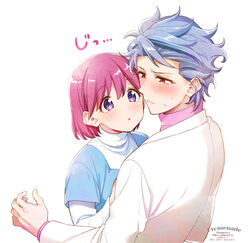  1boy artist_name blue_shirt blush bob_cut female grey_hair hand_on_another&#039;s_chest jacket krudears looking_at_another parted_lips pink_hair pink_sweater protagonist_(tokimemo_gs3) purple_eyes red_eyes shirt shitara_seiji short_hair straight sweat sweater tokimeki_memorial tokimeki_memorial_girl&#039;s_side_3rd_story turtleneck turtleneck_sweater twitter_username upper_body white_background white_jacket white_shirt 