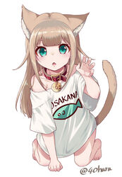  40hara 5_fingers 5_toes acting_like_a_cat animal_humanoid arm_support bent_arm bent_legs blonde_hair brown_body clothed clothing collar daww english_text extended_arm fangs feet felid felid_humanoid feline feline_humanoid female fingers fur green_eyes hair humanoid inner_ear_fluff japanese_text kinako_(40hara) kneeling long_hair looking_at_viewer mammal mammal_humanoid off_shoulder open_mouth raised_hand shirt signature simple_background solo tan_body tan_fur teeth text text_on_clothing text_on_shirt text_on_topwear toes topwear tuft white_background white_body white_skin 