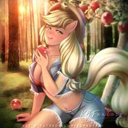  1:1 animal_humanoid apple applejack_(mlp) big_breasts breasts cleavage clothed clothing equid equid_humanoid equine equine_humanoid female food friendship_is_magic fruit green_eyes hasbro humanoid kgfantasy licking licking_lips licking_own_lips mammal mammal_humanoid my_little_pony outside plant self_lick solo tongue tongue_out tree 