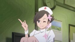  animated animated anime_screenshot bare_legs barefoot blue_eyes brown_hair clock closed_eyes convenient_leg desk feet female from_above hair_ornament head_tilt legs lowres nail_polish nurse one_eye_closed sitting smile v_juri_f winking_(animated) wristband yozakura_quartet 