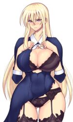  bad_id bad_pixiv_id black_bra black_panties blonde_hair blue_dress blush bra breasts commentary_request covered_nipples dress embarrassed female garter_belt huge_breasts kiritsusei_juuji_academy_uniform leo_(senran_kagura) long_hair looking_at_viewer panties purple_eyes school_uniform senran_kagura senran_kagura_new_wave shigatsugata solo tears torn_clothes underwear very_long_hair white_background 