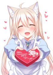  :d ahoge animal_ears apron blonde_hair blue_dress blush box cat_ears chaso_(konshin) closed_eyes commentary_request dated dress english_text facing_viewer female flower head_tilt heart heart-shaped_box incoming_gift juliet_sleeves konshin long_sleeves maid maid_apron open_mouth original puffy_sleeves signature smile solo twintails valentine white_apron 