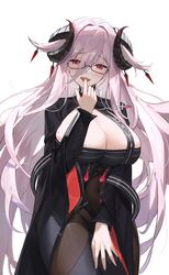  absurdres azur_lane black-framed_eyewear black_dress black_horns breasts cleavage covered_navel cowboy_shot curled_horns dress female finger_to_mouth forward_facing_horns friedrich_carl_(azur_lane) hair_between_eyes hair_ornament highres horn_ornament horns huge_breasts jojo_xiuxian long_hair long_sleeves looking_at_viewer mature_female mole mole_under_mouth open_mouth pink_hair purple_eyes rectangular_eyewear semi-rimless_eyewear simple_background solo very_long_hair white_background 