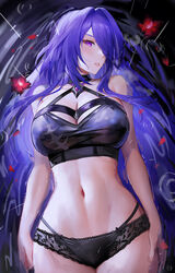  acheron_(honkai:_star_rail) alternate_costume bare_shoulders black_panties breasts choker commentary_request female hair_over_one_eye highres honkai:_star_rail honkai_(series) large_breasts long_hair looking_at_viewer lying_on_water midriff multicolored_hair navel panties purple_eyes purple_hair senba_(592683801) solo stomach underwear very_long_hair 