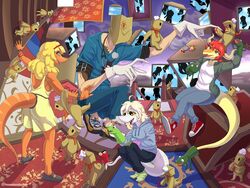  4:3 5_fingers accessory anthro arc_system_works blonde_hair breasts cavemanon_studios chuck_taylor_all_stars clothing colored compsognathid compsognathus cowlick crossover crouching detailed_background dinosaur doll dromaeosaurid extinct fake_horns faust_(guilty_gear) feathered_dinosaur feathered_scalie feathered_tail feathers female fingers fooly_cooly_(snoot_game) footwear freckles gloves grey_body grey_eyes grey_scales group guilty_gear hair hand_puppet handwear hat headband headgear headwear heather_(snoot_game) hi_res hoodie human jacket jj_(jj) judee long_tail male mammal open_mouth open_smile orange_body orange_scales patch_(fabric) patched_clothing plantigrade prehistoric_species prometheuzone red_hair reptile scales scalie schizo_chan_(snoot_game) shirt shoes sitting smile snoot_game snout socks speckled_body standing tail tail_feathers tan_body tan_scales teeth theropod topwear wristband yellow_body yellow_feathers 