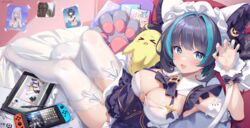  :3 animal_band animal_ears apron aqua_eyes arm_garter azur_lane azur_lane:_crosswave bikini breasts cheshire_(azur_lane) cheshire_(summery_date!)_(azur_lane) cleavage commentary drawing_tablet fake_animal_ears female finn_flint frilled_hairband frilled_ribbon frills garter_straps hairband hand_up handheld_game_console highres long_ribbon looking_at_viewer maid_headdress manjuu_(azur_lane) multicolored_hair nintendo_switch no_shoes oerba_yun_fang official_alternate_costume plymouth_(azur_lane) purple_apron purple_bikini purple_garter ribbon short_hair sitting skin_fang strapless strapless_bikini streaked_hair swimsuit thighhighs white_garter_straps white_thighhighs wrist_cuffs 