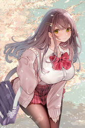  amane_ruri bad_id bad_pixiv_id bag bow bowtie breasts brown_cardigan brown_hair brown_pantyhose cardigan cherry_blossoms closed_mouth collared_shirt commentary_request female fingernails green_eyes hair_ornament hairclip hand_on_own_leg highres large_breasts leaning_forward long_hair long_sleeves nail_polish original pantyhose pink_bow pink_bowtie pink_nails pink_skirt plaid plaid_bow plaid_bowtie plaid_skirt pleated_skirt see-through_bow shirt shoulder_bag skirt sleeves_past_wrists smile solo thighs tree white_shirt 