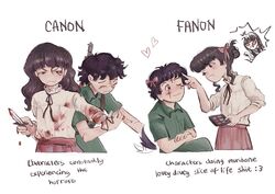  1boy 2girls alternate_hairstyle amputee anger_vein applying_makeup bandaged_arm bandages black_hair black_ribbon blood blood_on_clothes blush bow canon_vs_fanon_(meme) chibi chibi_inset dog_tail drugs english_text facial_tattoo fear_&amp;_hunger fear_&amp;_hunger_2:_termina frilled_shirt_collar frills green_jumpsuit gun gun_on_back gun_sling hairbow hashtag-only_commentary heart highres holding holding_knife holding_syringe inhoneyrain injection jealous jumpsuit knife levi_(fear_&amp;_hunger) long_hair long_sleeves marina_(fear_&amp;_hunger) matching_accessory meme mouth_piercing multiple_girls neck_ribbon pink_skirt ribbon rifle samarie_(fear_&amp;_hunger) shirt short_hair simple_background skirt sleeves_rolled_up syringe tail tattoo wavy_mouth weapon weapon_on_back white_background white_shirt 