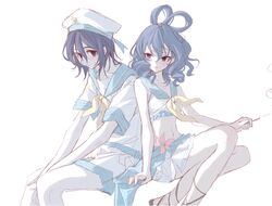  2girls 80isiiii blue_eyes blue_hair drill_hair drill_sidelocks hair_rings hat highres kaku_seiga looking_at_viewer miyako_yoshika multiple_girls navel neckerchief sailor_hat shirt short_hair short_sleeves shorts sidelocks simple_background touhou white_background white_shirt white_shorts yellow_neckerchief 