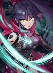  black_background breasts covered_navel dated fate/grand_order fate_(series) female fon-due_(fonfon) katou_danzou_(fate) kuji-in large_breasts long_hair looking_at_viewer magic mechanical_arms ninja parted_lips ponytail purple_hair red_scarf scarf shoulder_tattoo signature solo tattoo very_long_hair yellow_eyes 