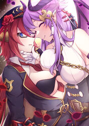  2girls altheavin asymmetrical_docking bare_shoulders belt between_breasts bikini bikini_top_only black-framed_eyewear black_belt black_hat blue_eyes breast_press breasts brown_belt chains closed_eyes closed_mouth collared_shirt cosplay curled_horns dragon_girl dragon_horns dragon_wings eriko_(commander)_(princess_connect!) eriko_(princess_connect!) eriko_(princess_connect!)_(cosplay) from_side glasses hair_ornament hand_on_another&#039;s_chin hat highres homare_(princess_connect!) horns labyrista_(princess_connect!) large_breasts low_ponytail makoto_(commander)_(princess_connect!) makoto_(princess_connect!) makoto_(princess_connect!)_(cosplay) multiple_girls necktie necktie_between_breasts open_clothes open_mouth petals pointy_ears ponytail princess_connect! purple_hair purple_wings red_hair red_necktie semi-rimless_eyewear shirt sleeveless sleeveless_shirt smile swimsuit under-rim_eyewear uniform wings 