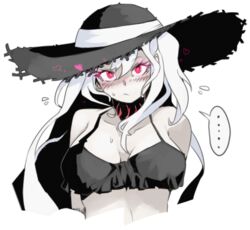  ... :&lt; abyssal_ship aircraft_carrier_princess aircraft_carrier_summer_princess bikini black_bikini black_hat blush breasts cleavage closed_mouth colored_skin cropped_torso female flying_sweatdrops hair_between_eyes hat heart kantai_collection large_breasts long_hair looking_at_viewer lowres one_side_up oso_(toolate) red_eyes simple_background solo spoken_ellipsis straw_hat sweat swimsuit transparent_background upper_body white_hair white_skin 