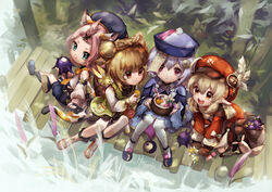  4girls absurdres ahoge animal_ear_fluff animal_ears backpack bag bamboo bead_necklace beads blonde_hair cat_ears coconut coin_hair_ornament diona_(genshin_impact) dress drinking_straw eating fruit_cup genshin_impact gloves grass green_eyes hair_ornament hat hat_feather highres jewelry jiangshi klee_(genshin_impact) long_sleeves low_twintails multiple_girls necklace open_mouth outdoors pink_hair pointy_ears purple_dress purple_eyes purple_hair qingdai_guanmao qiqi_(genshin_impact) red_dress red_eyes red_headwear sanktkaisersavia shorts sitting sweet_flower tied_hair twintails white_legwear wide_sleeves wolfhook_(genshin_impact) yaoyao_(genshin_impact) yuegui_(genshin_impact) 