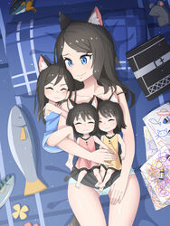  4girls :t absurdres aina_(mao_lian) animal_ear_fluff animal_ears baby black_hair blue_dress blue_eyes blue_panties blush cat_ears cat_tail cheek_press child&#039;s_drawing closed_mouth cowboy_shot crayon dress from_above highres lolicon long_hair lying mao_lian_(nekokao) mother_and_daughter multiple_girls on_back original panties pink_dress siblings sisters smile stuffed_animal stuffed_fish stuffed_mouse stuffed_toy tail thigh_gap triplets underwear yellow_dress 