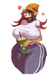  2020 anthro beanie beverage big_breasts black_hair black_nose bottomwear breasts bypbap canid canine canis clothed clothing curvy_figure digital_media_(artwork) domestic_dog drinking_straw female fur grin hair hair_over_eyes hat headgear headwear hi_res huge_breasts huge_thighs mammal multicolored_hair pants red_hair rowland_(bypbap) shirt simple_background slightly_chubby smile solo standing sweatpants tan_body tan_fur thick_thighs topwear two_tone_hair voluptuous 