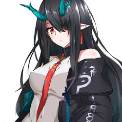  arknights black_hair black_jacket clothing_cutout dragon_girl dragon_horns dress dusk_(arknights) female highres horns jacket long_hair looking_at_viewer maiq06 necktie open_clothes open_jacket pointy_ears red_eyes red_necktie simple_background sleeveless sleeveless_dress solo upper_body white_background white_dress 