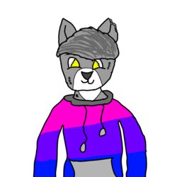  animal_humanoid bisexual_pride_colors canid canid_humanoid canine canine_humanoid canis clothing hi_res humanoid hybrid lgbt_pride male mammal mammal_humanoid plushie plushie-like plushie_transformation pride_color_clothing pride_colors solo stitch_(sewing) wolf wolf_humanoid yellow_eyes 