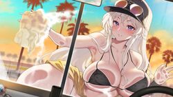  against_glass aviator_sunglasses azur_lane bare_shoulders baseball_cap bikini black_bikini breast_press breasts breasts_on_glass brown-tinted_eyewear clothes_around_waist english_commentary enterprise_(anniversary_ride)_(azur_lane) enterprise_(azur_lane) eyewear_on_headwear female fuya_(tempupupu) hand_on_glass hat holding_rag jacket jacket_around_waist jewelry large_breasts long_hair necklace official_alternate_costume palm_tree purple_eyes smile soap_bubbles solo sunglasses swimsuit tinted_eyewear tree washing_vehicle white_hair 