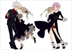  1boy 1other black_dress black_eyes black_footwear black_gloves black_jacket black_necktie black_pants black_ribbon black_suit blonde_hair boots commentary crona_(soul_eater) dancing dress dress_shoes elbow_gloves female flipped_hair formal gloves hair_ribbon hakusai_(tiahszld) high_heels jacket looking_at_viewer maka_albarn necktie pants pinstripe_pants pinstripe_pattern pinstripe_suit plaid plaid_skirt pleated_skirt purple_hair red_eyes red_shirt red_skirt ribbon shirt skirt smile soul_eater soul_evans spiked_hair straight striped suit suit_jacket twintails white_hair wing_collar 