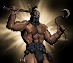  1boy abs areyouhun_(sleeplazycat) axe bara belt biceps bounty_hunter_(darkest_dungeon) bulge chest_hair cowboy_shot dark-skinned_male dark_skin darkest_dungeon fake_horns gladiator helmet highres holding holding_axe horned_helmet horns large_pectorals mace male_focus muscular muscular_male nipples pectorals revealing_clothes solo stomach thick_thighs thighs topless_male virtue_(darkest_dungeon) weapon 