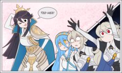  &gt;_o 1boy 3girls :p azura_(fire_emblem) black_eyes black_hair blue_hair blush corrin_(female)_(fire_emblem) corrin_(fire_emblem) corrin_(male)_(fire_emblem) embarrassed fire_emblem fire_emblem_fates full-face_blush grey_hair highres komi-san_wa_komyushou_desu mikoto_(fire_emblem) mole mole_under_mouth multiple_girls one_eye_closed parody raydango red_eyes style_parody tongue tongue_out yellow_eyes 