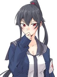  bad_id bad_twitter_id black_hair black_necktie black_sailor_collar blue_cardigan breasts cardigan cleavage commentary_request female kantai_collection long_hair medium_breasts necktie ponytail red_eyes rindou_(rindou_annon) sailor_collar school_uniform scrunchie serafuku sidelocks simple_background solo upper_body white_background yahagi_(kancolle) 