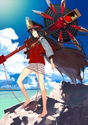  barefoot brown_hair cloud cloudy_sky fate/grand_order fate_(series) female hat jacket long_hair looking_at_viewer oda_nobunaga_(fate) oda_nobunaga_(swimsuit_berserker)_(fate) oda_nobunaga_(swimsuit_berserker)_(first_ascension)_(fate) official_art pako_(pakosun) red_eyes red_jacket sky very_long_hair weapon 