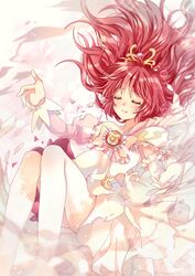  absurdres brooch closed_eyes dissolving dress elbow_gloves female fine_(futagohime) frills fushigiboshi_no_futago_hime gloves highres jewelry long_hair long_sleeves magical_girl red_hair skirt smile solo suzuki_(2red_moon3) tiara transformation transforming_clothes white_legwear 