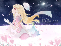  anniversary blonde_hair brown_eyes copyright_name dress female full_moon hat long_hair magical_girl monicanc moon moriya_ririka nurse_angel_ririka_sos petals signature skirt sky smile solo star_(sky) starry_sky 