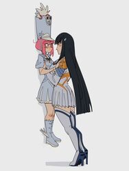  2girls black_hair blush boots commentary epaulettes eye_contact face-to-face from_side grey_background gutalalaman hat height_difference high_heel_boots high_heels highres jakuzure_nonon junketsu kill_la_kill kiryuuin_satsuki lauren_phillips_lifting_alice_merchesi_(meme) long_hair long_sleeves looking_at_another meme multiple_girls pink_hair shadow shako_cap short_sleeves skull symbol-only_commentary thigh_boots thighhighs very_long_hair yuri 