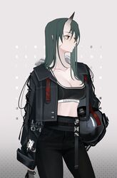  alternate_costume arknights belt black_gloves black_jacket black_pants black_tank_top breasts brown_eyes character_name cleavage closed_mouth collarbone commentary_request contrapposto cowboy_shot female gloves green_hair grey_background helmet highres horns hoshiguma_(arknights) jacket long_hair long_sleeves medium_breasts midriff motorcycle_helmet open_clothes open_jacket pants polka_dot polka_dot_background simple_background single_horn skin-covered_horns solo standing straight_hair tank_top ting_(machi_nakahara) 