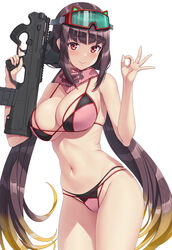  assault_rifle bare_shoulders bikini blush breasts brown_hair bullpup cleavage fate/grand_order fate_(series) female goggles goggles_on_head gun hammerman_benkei highres large_breasts long_hair looking_at_viewer low_twintails magpul_pdr navel osakabehime_(fate) osakabehime_(swimsuit_archer)_(fate) osakabehime_(swimsuit_archer)_(second_ascension)_(fate) pink_scarf purple_eyes rifle scarf ski_goggles smile solo submachine_gun swimsuit thighs twintails very_long_hair weapon 