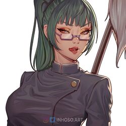  artist_name bad_id bad_instagram_id breasts brown_eyes brown_eyeshadow commentary english_commentary female glasses green_hair hair_behind_ear inhoso instagram_logo jujutsu_kaisen jujutsu_tech_uniform licking_lips long_hair medium_breasts ponytail portrait school_uniform solo tongue tongue_out twitter_logo v-shaped_eyebrows watermark white_background zen&#039;in_maki 