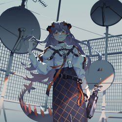  arknights belt bird black_skirt chest_strap chinese_commentary closed_mouth commentary_request dragon_girl dragon_horns dragon_tail duck feet_out_of_frame female fence grey_background grey_hair hand_in_own_hair hand_up high-waist_skirt highres holding holding_weapon horns id_card keng_keng_zi long_hair long_skirt long_sleeves looking_at_viewer orange_eyes outdoors saria_(arknights) satellite_dish serious shirt skirt solo syringe_gun tail weapon white_shirt 